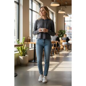 Good American Black Ribbed Hoodie - Fitted, Minimalist, Soft Stretch - Sz Small